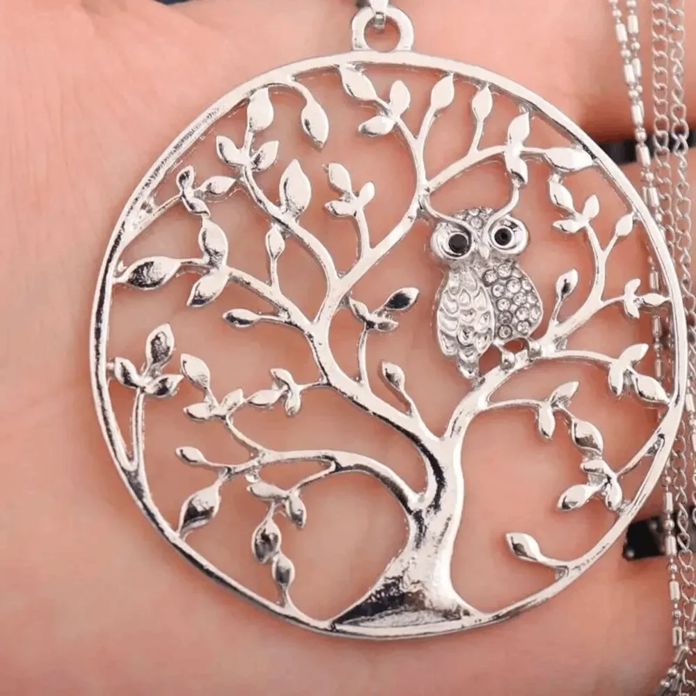 Silver Tree Of Life Diamond Owl Pendant Triple Chain Necklace